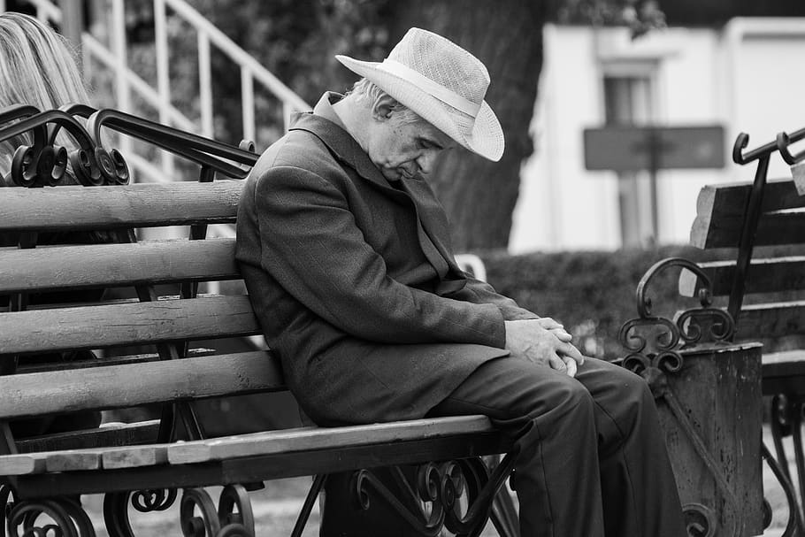 man sitting on the bench, hat, clothing, apparel, person, human HD wallpaper
