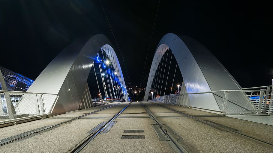 lighted concrete bridge during nighttime, architecture, building