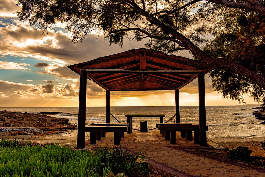beach, sunset, wedding beach, sea, scenery, sky, clouds, autumn HD wallpaper