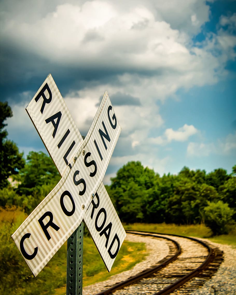 Railroad Crossing Signage, daytime, grass, information, safety HD wallpaper