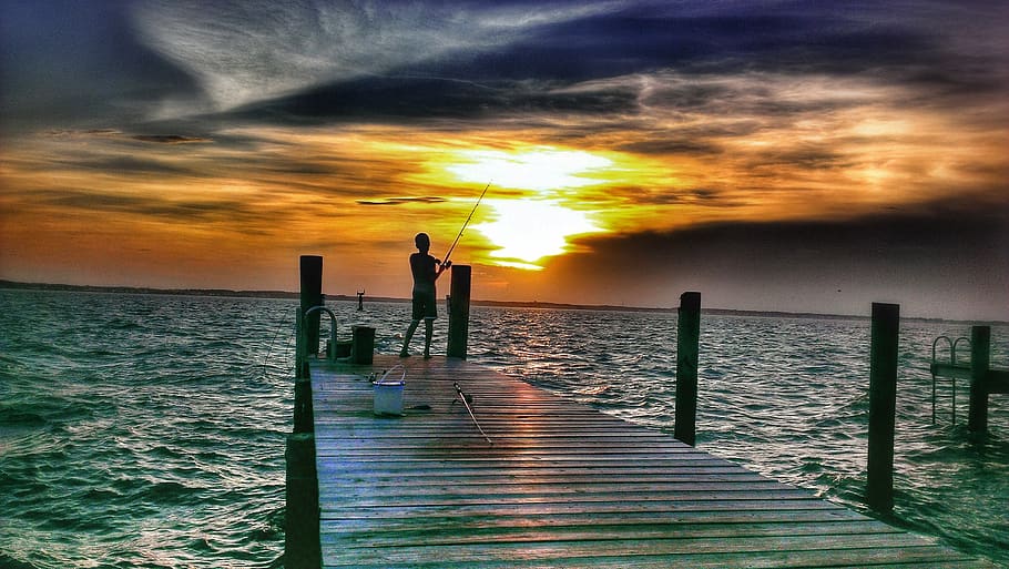 fishing, summer, sunset, ocean view, beach, water, boy, sky HD wallpaper