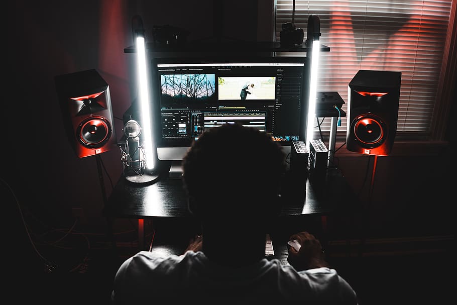 man using computer inside room, technology, rear view, men, indoors HD wallpaper