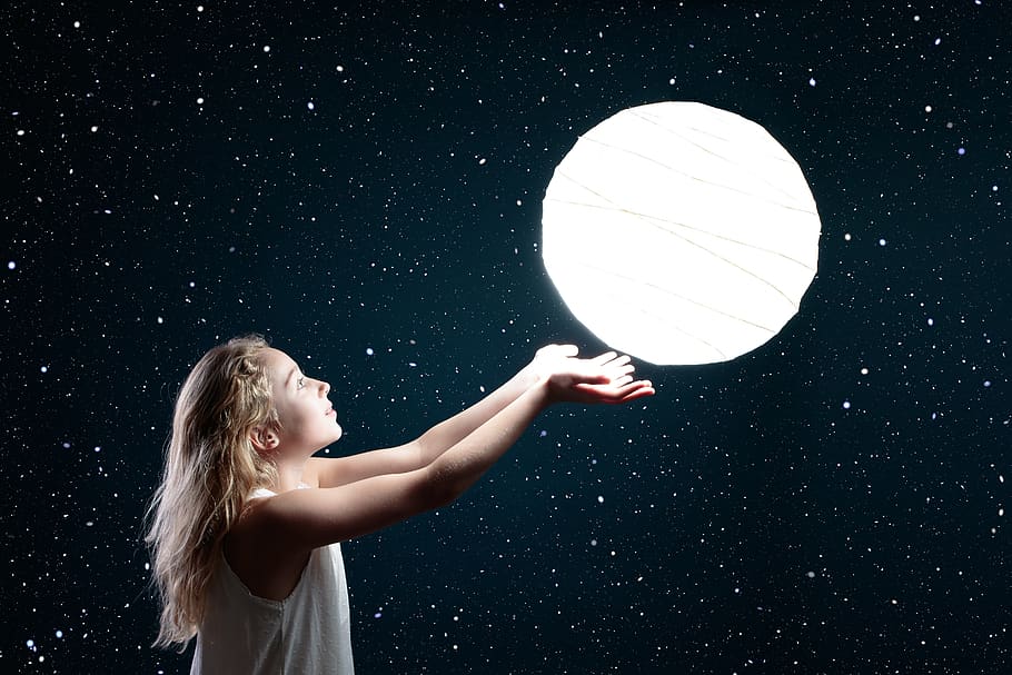 moon, space, astronomy, dark, child, sky, girl, star, kid, night HD wallpaper