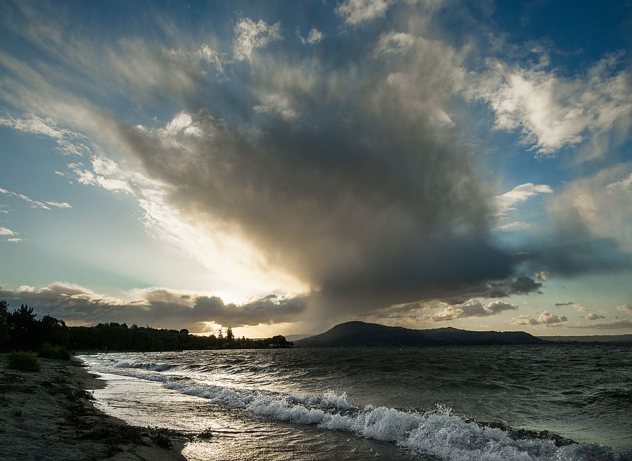 lake, sunset, waves, water, beach, clouds, storm, cloud - sky HD wallpaper
