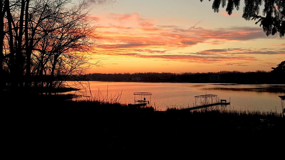 sunset, lake, docks, nature, clouds, sky, tranquility, tranquil scene HD wallpaper