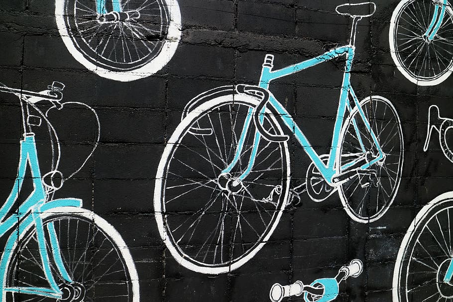 teal and white bicycle wall artwork, bike, bangkok, amoled, black and white