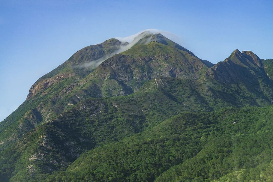mountain, cloud, blue sky, landscape, mountain view, trees HD wallpaper
