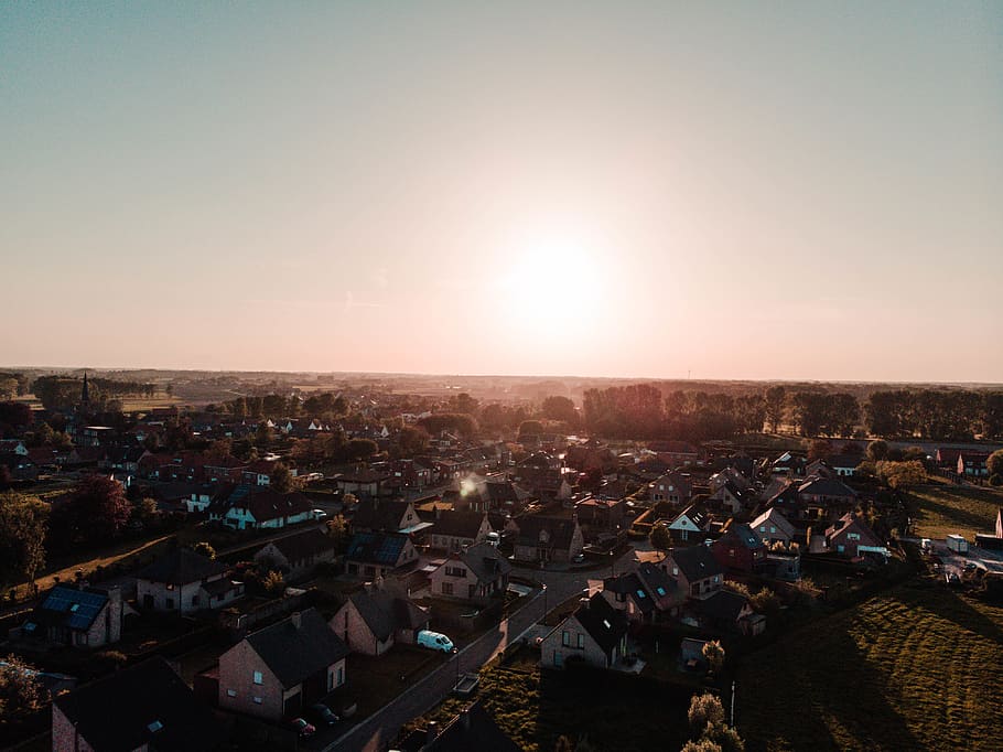spring, hotdays, town, drone, forest, sky, building exterior HD wallpaper