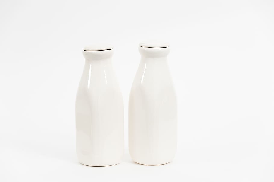 two white milk bottles, porcelain, pottery, art, beverage, drink HD wallpaper