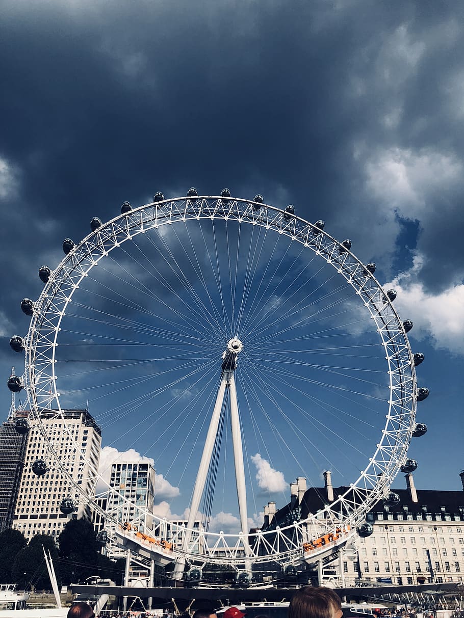 White Ferris Wheel Near White Buildings, architecture, clouds HD wallpaper