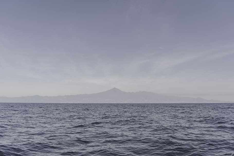 Body of Water, beach, clouds, dawn, fog, horizon, mountain, ocean HD wallpaper