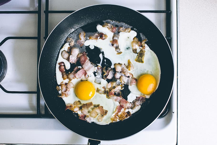 two fried eggs with meat on frying pan, yolk, scrambled, breakfast HD wallpaper