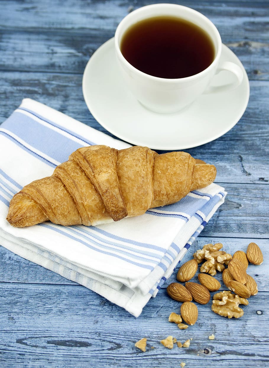 White Ceramic Coffee Mug With Bread, black coffee, ceramics, croissant HD wallpaper