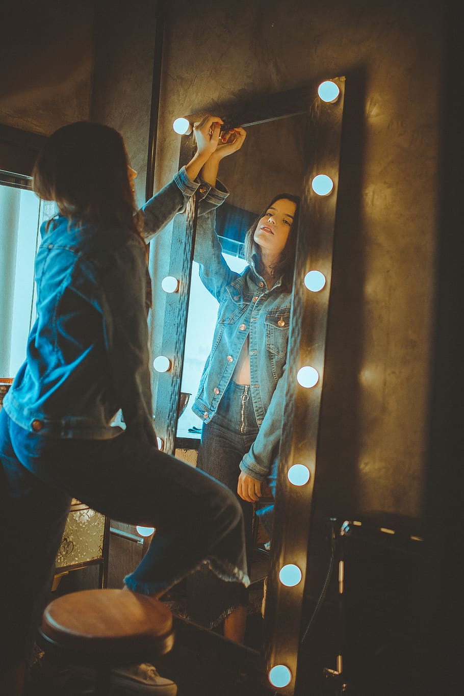 Woman Standing in Front of Leaning Mirror, beautiful, denim jacket HD wallpaper