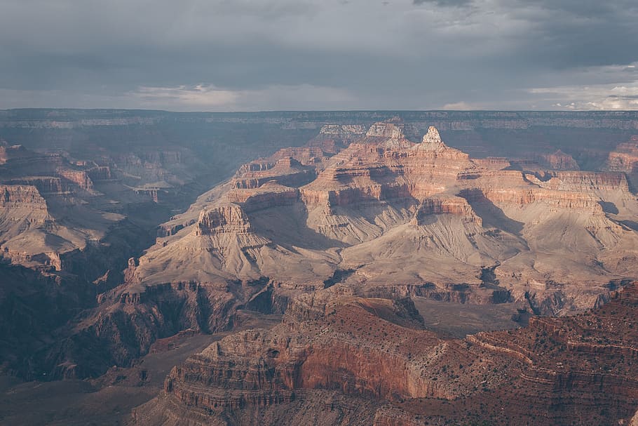 Grand Canyon, arid, dark clouds, dawn, daylight, desert, erosion HD wallpaper
