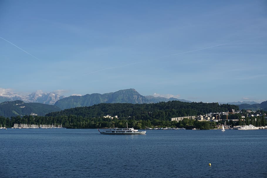 switzerland, view, lucerne, mountain, mountains, trees, lake HD wallpaper