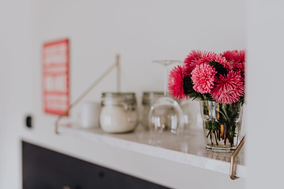 Beautiful fresh pink flowers on marble shelf, flora, computer HD wallpaper