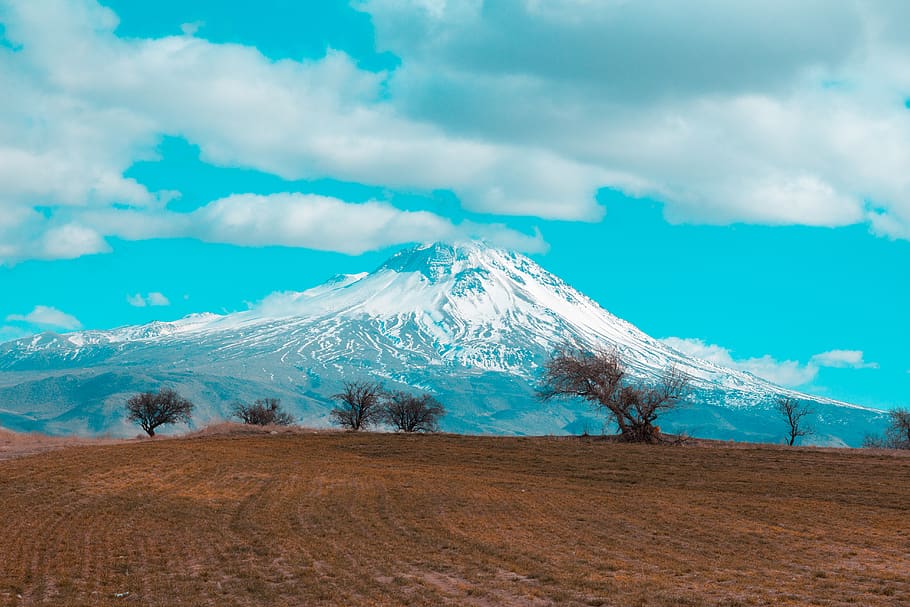 Landscape Photo of Volcano, clouds, dawn, daylight, field, glacier HD wallpaper