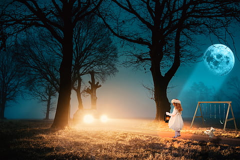 dawn, trees, road, car, night, full moon, girl, lost, light HD wallpaper