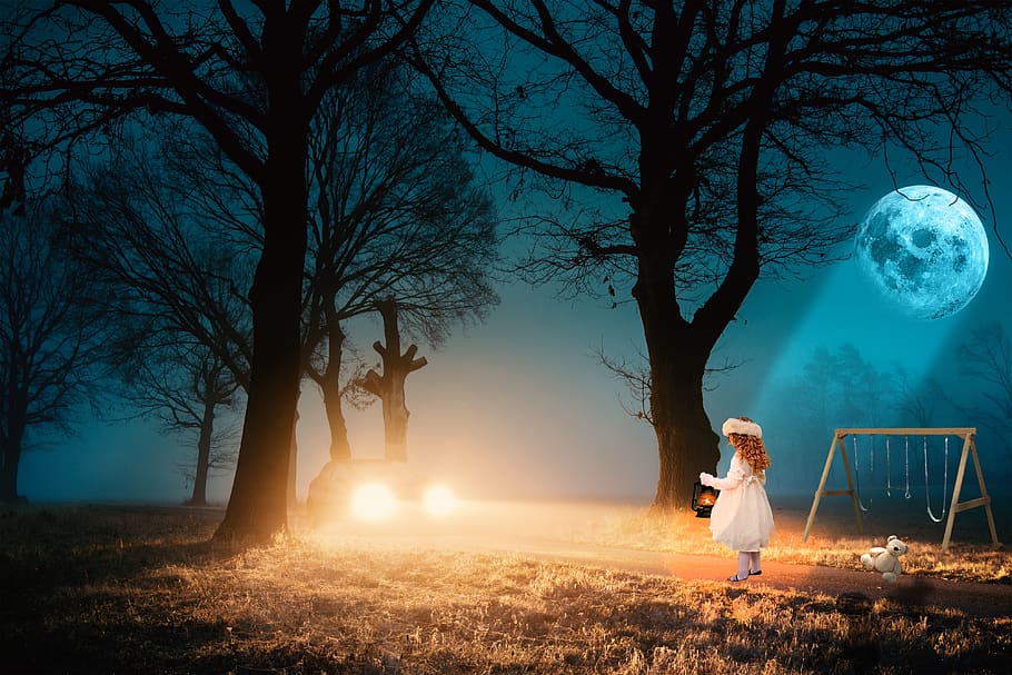 dawn, trees, road, car, night, full moon, girl, lost, light HD wallpaper