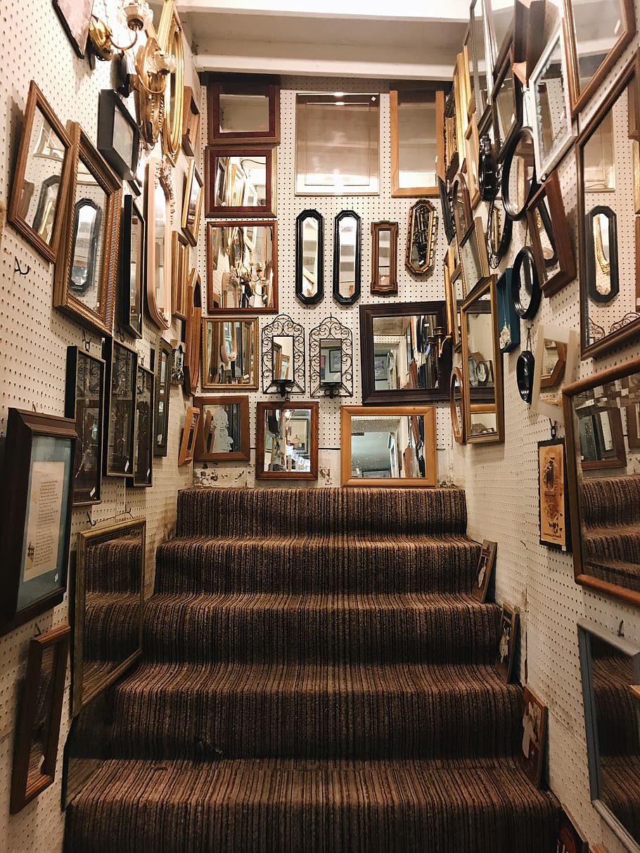 assorted photo frames lot on wall, handrail, banister, staircase HD wallpaper