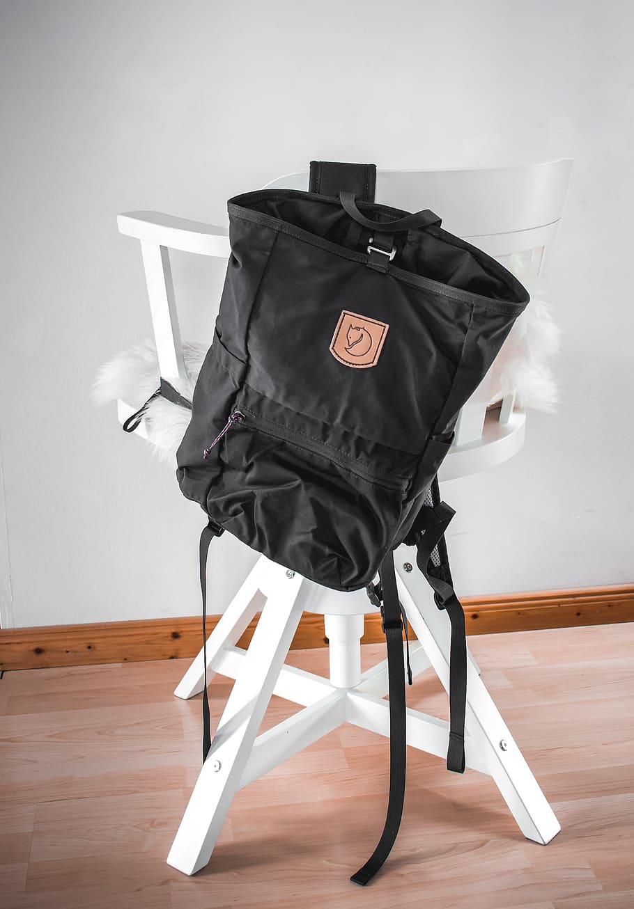 black bag on white wooden chair, backpack, hamburg, germany, gray