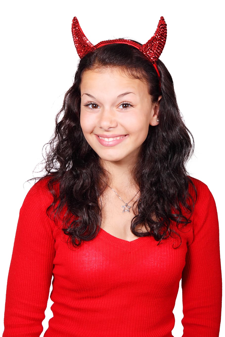 Woman in Red Top and Horned Headband, costume, demon, devil, female HD wallpaper