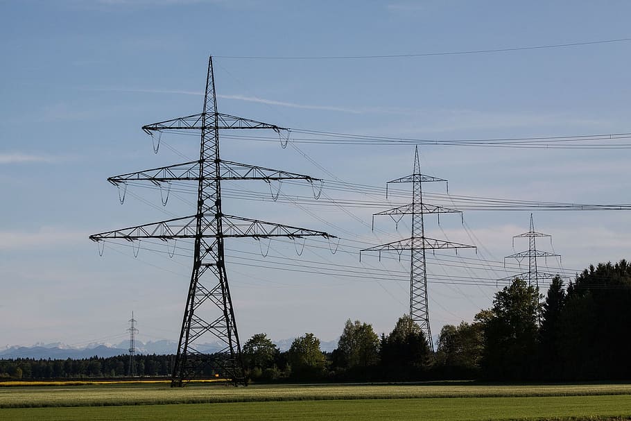 field, tower, electricity, line, construction, high, height HD wallpaper