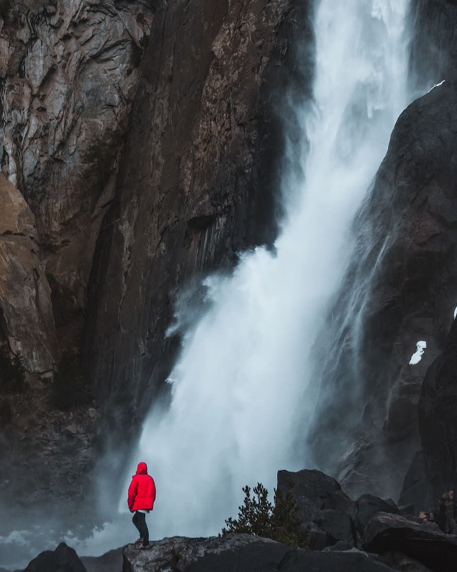 waterfall, yosemite, rock, rock - object, one person, beauty in nature HD wallpaper