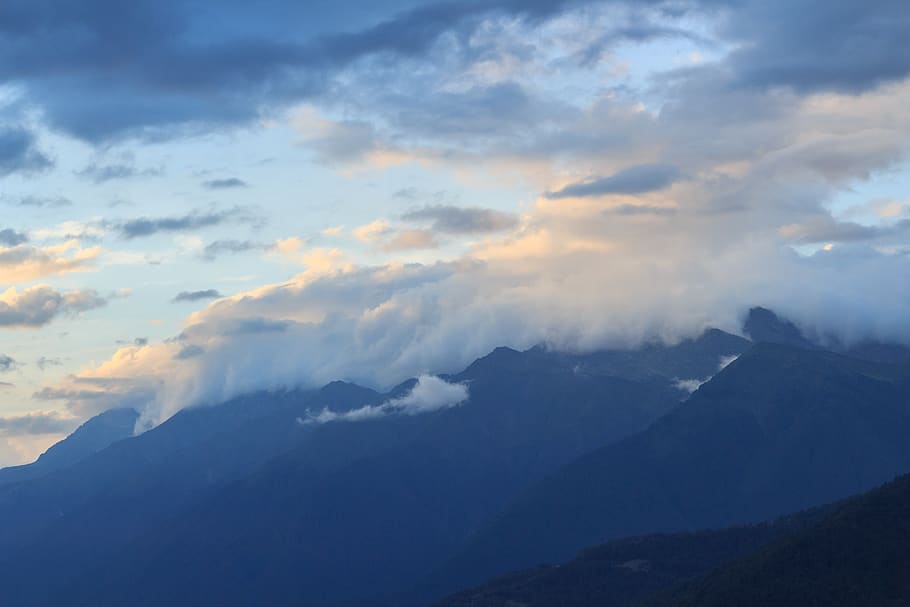 mountains, slopes, clouds, fog, sunset, sochi, red, glade, russia HD wallpaper