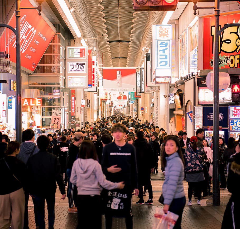 Crowd of People Walking Inside Store, city, commerce, dotonbori HD wallpaper