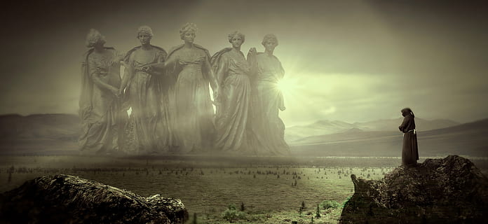 fantasy, monk, light, sculpture, figures, rays, landscape, backlighting HD wallpaper