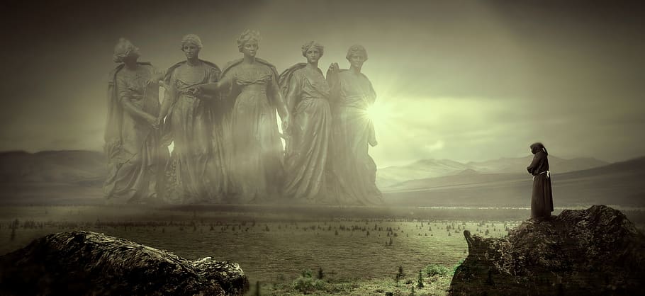 fantasy, monk, light, sculpture, figures, rays, landscape, backlighting HD wallpaper