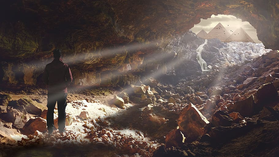 cave, rock, light, pyramid, egypt, man, male, grotto, mood HD wallpaper