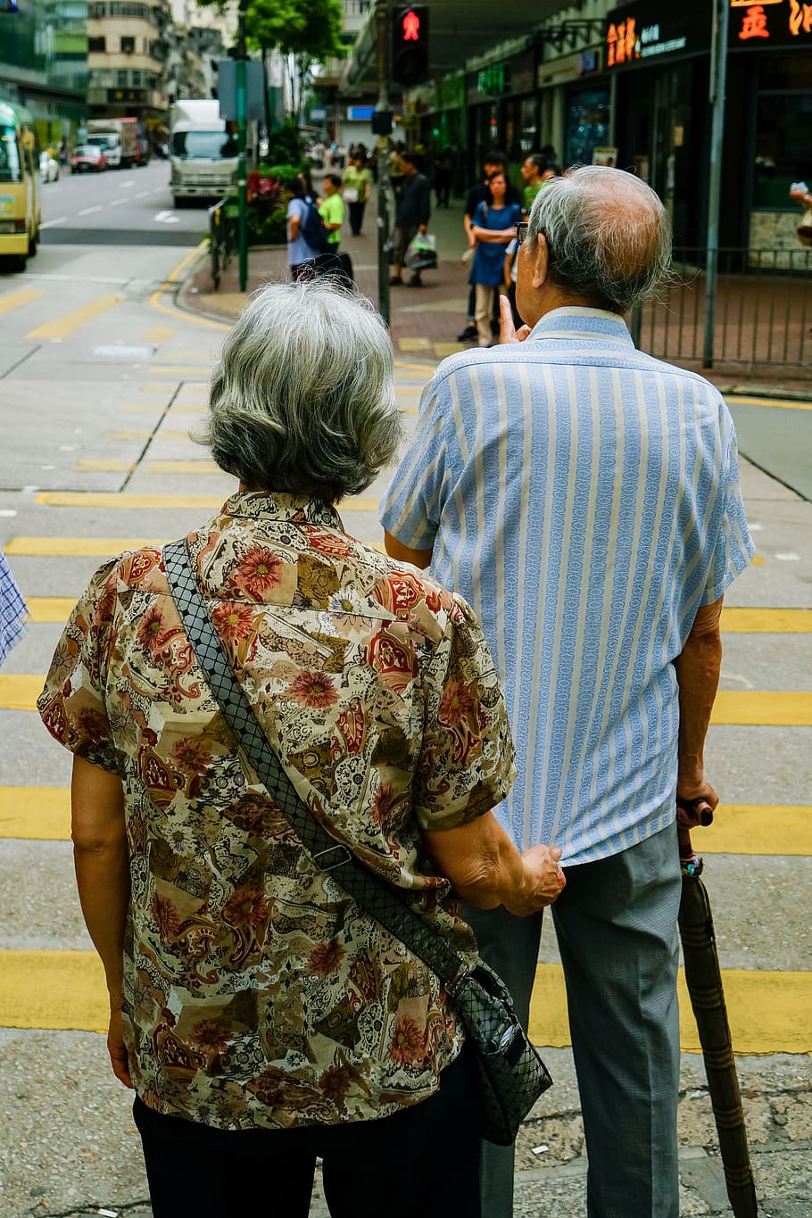 Man and Woman Standing Beside Pedestrian Lane, adult, back view, HD wallpaper