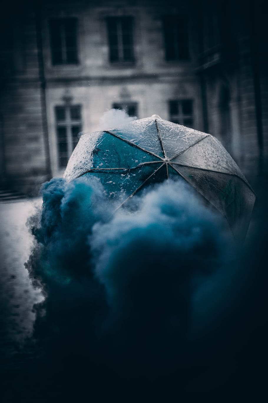 umbrella, smoke, building, window, blue, moody, vignette, town