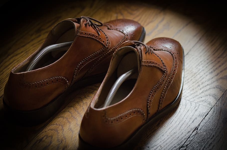 Pair of Brown Leather Oxford Wingtip Shoes, classic, dark, elegant