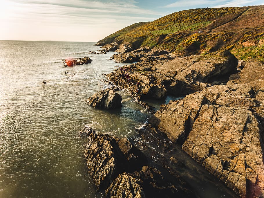 waves crashing rocks, water, united kingdom, devon, outdoors HD wallpaper