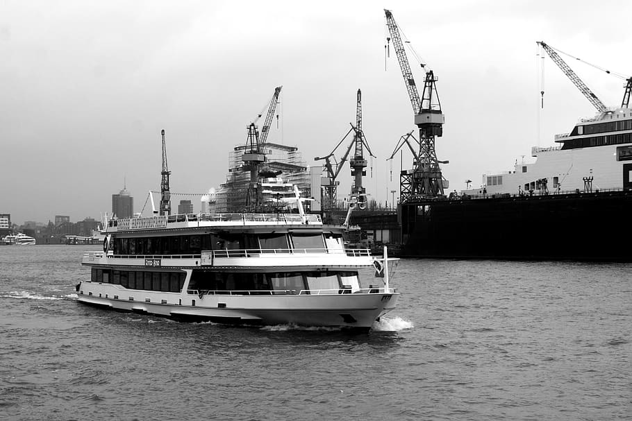 hamburgensien, port motifs, harbour cruise, black and white photography, HD wallpaper