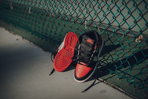 HD wallpaper: pair of white-red-and-black Nike Air Jordan 1 shoes on ...