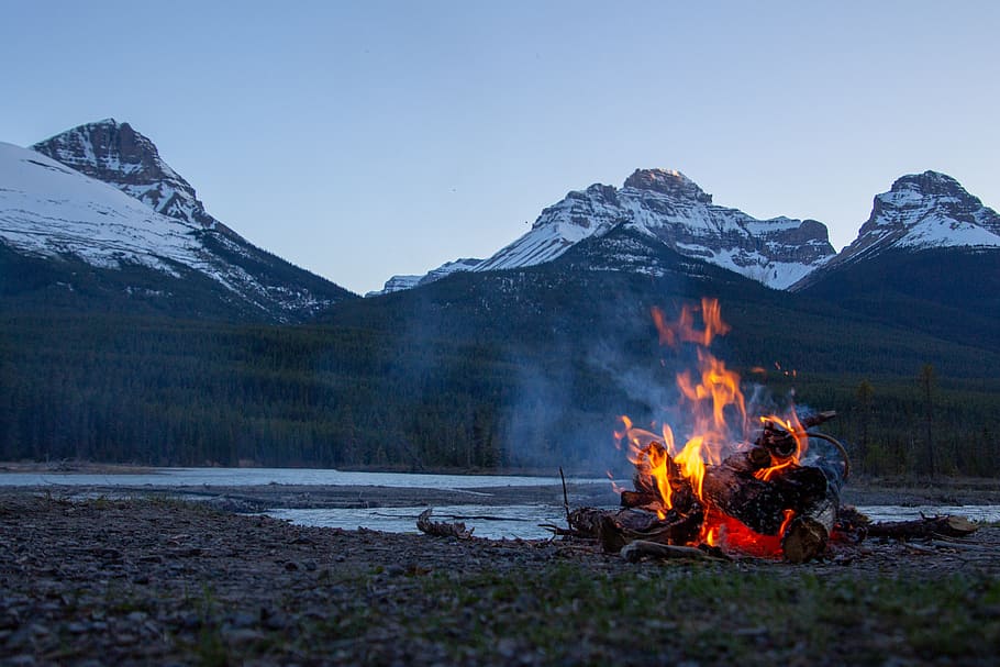 bonfire near mountain, camp, site, sunset, sunrise, flame, heat, HD wallpaper