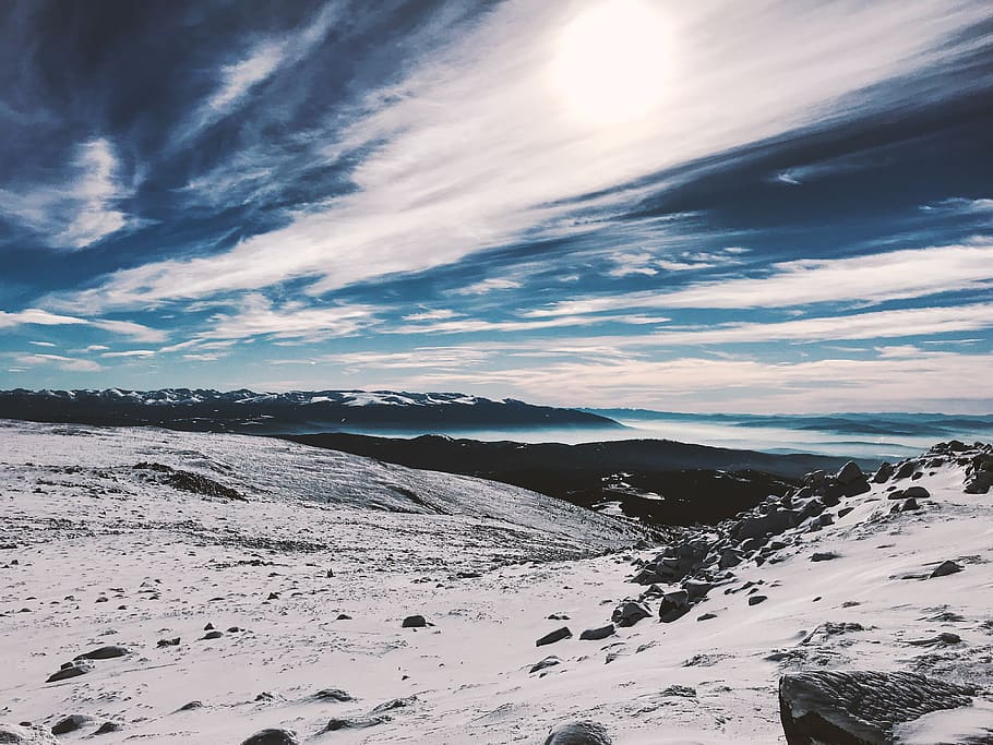 Snow Covered Hill Under Cloudy Blue Sky, clouds, cold, dawn, daylight HD wallpaper