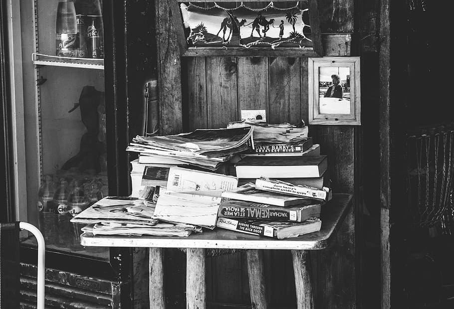 assorted book on table, imsouane, morocco, shop, handrail, banister HD wallpaper