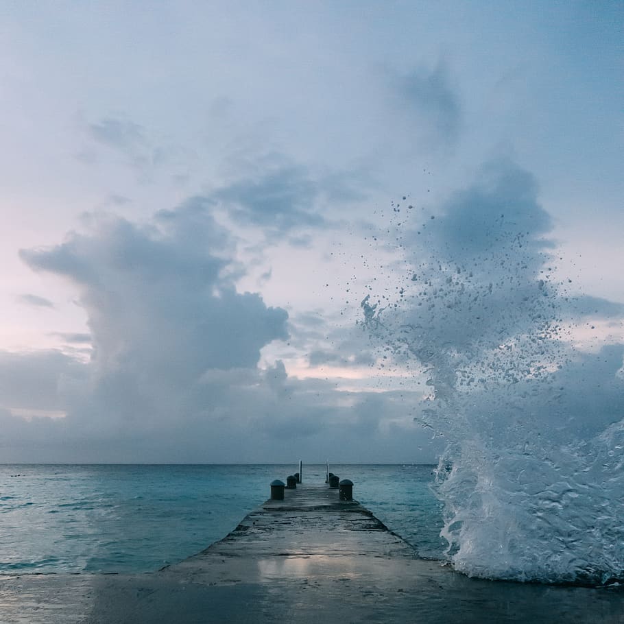 Ocean Wave Splashing on Dock, beach, clouds, environment, horizon HD wallpaper