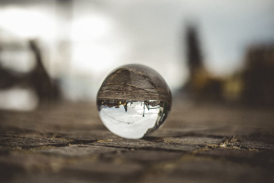 sphere, upside down, ball, crystal, cityscape, train, railway HD wallpaper