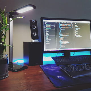 workspace, computer, desk, pc, setup, technology, indoors, table HD wallpaper