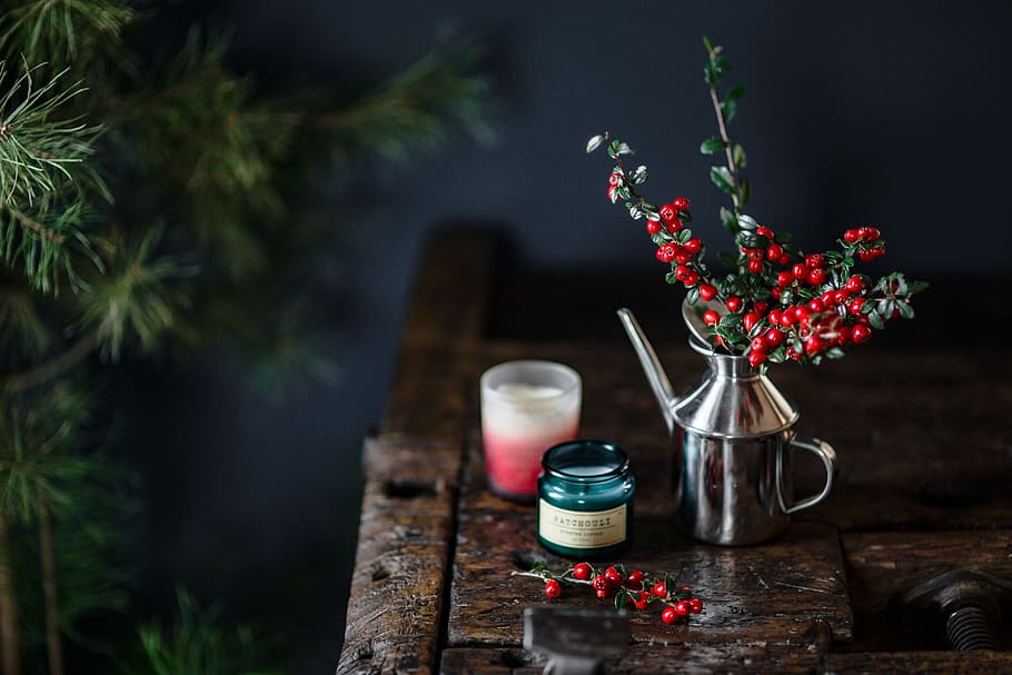 Fresh Holly and Candles, wooden desk, old wood, fresh coconut, HD wallpaper