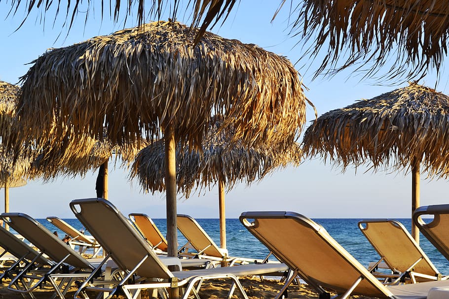 sunbeds, umbrellas, sea, summer, greece, beach, vacation, sky HD wallpaper