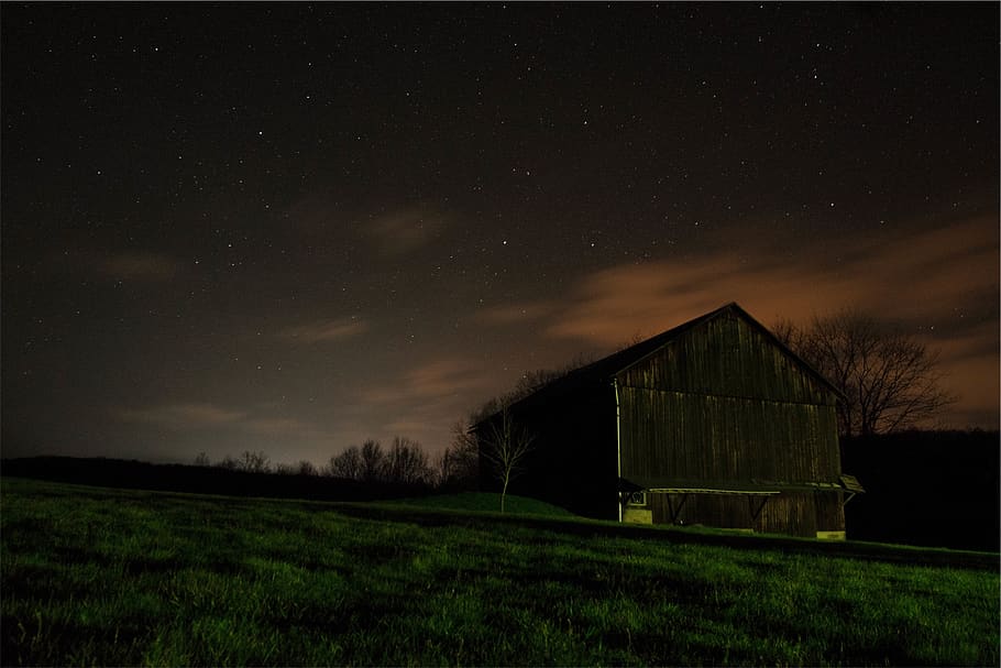 dark, night, sky, stars, barn, grass, fields, country, rural HD wallpaper