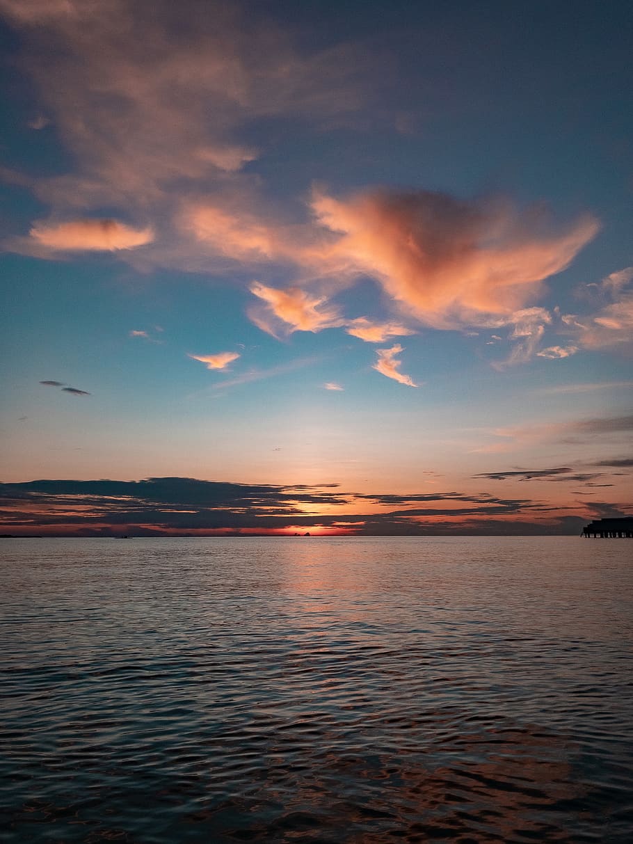 orange clouds over sea, nature, outdoors, red sky, dawn, sunset HD wallpaper
